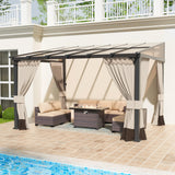 Halmuz 10x12ft Large Lean to Gazebo with Curtains & Netting,Wall Mounted Gazebo with Hard Top & Double Curtains,Metal Frame Garden Tent Suitable for Patio,Yards, Deck,Lawn, Garden,Grass-sand Halmuz