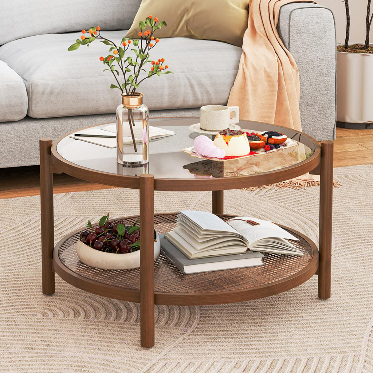 Giantex Rattan Coffee Table, Boho Round Glass Tea Table with PE Rattan Storage Shelf & Wood Frame, 2 Tier Accent Center Table for Living Room, Apartment, Small Space Giantex