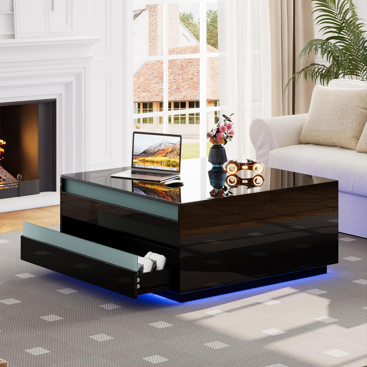 High Gloss Coffee Table with Storage,Black Square Lift Top Coffee Tables with LED & Flip Lid, Small Modern Coffee Table for Living Room with Drawer HAIOOU