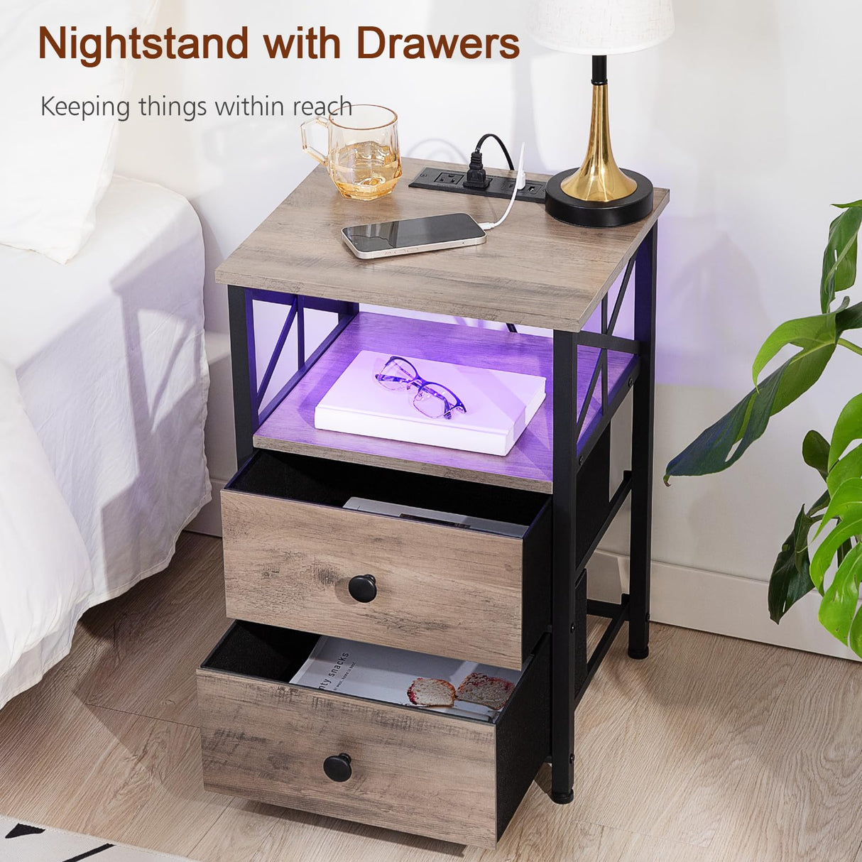 AMHANCIBLE Night Stand Set 2, LED Nightstands for Bedroom Set of 2 with Charging Station, End Table with USB Port and Outlet, Side Table with 2 Storage Drawers for Living Room, Greige, HET052LGY AMHANCIBLE