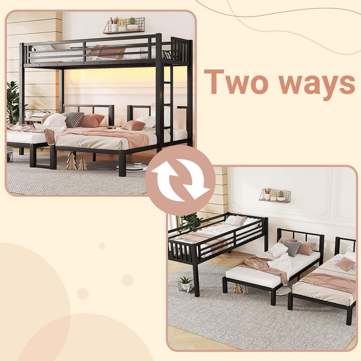 Mirightone Black Triple Bunk Bed Twin XL & Twin Over Twin, Bunk Bed with LED Light & Charging Station, Metal Detachable Bunk Beds for 3 Kids Girls Boys Teens, USB Ports & Outlets Mirightone