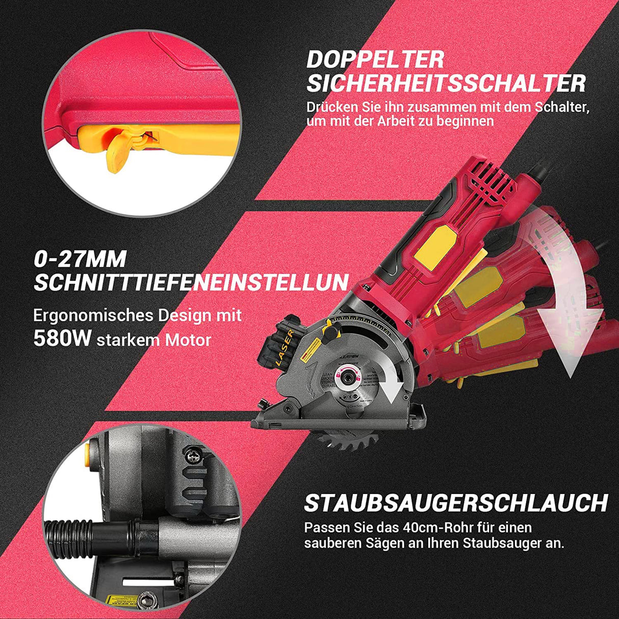 Mini Circular Saw, Weytoll 4.8Amp Compact Circular Saw, 3700RPM with Lasing Guide Scale Ruler Vacuity Port 3 sawblades for Cutting Woods Tile and Weytoll