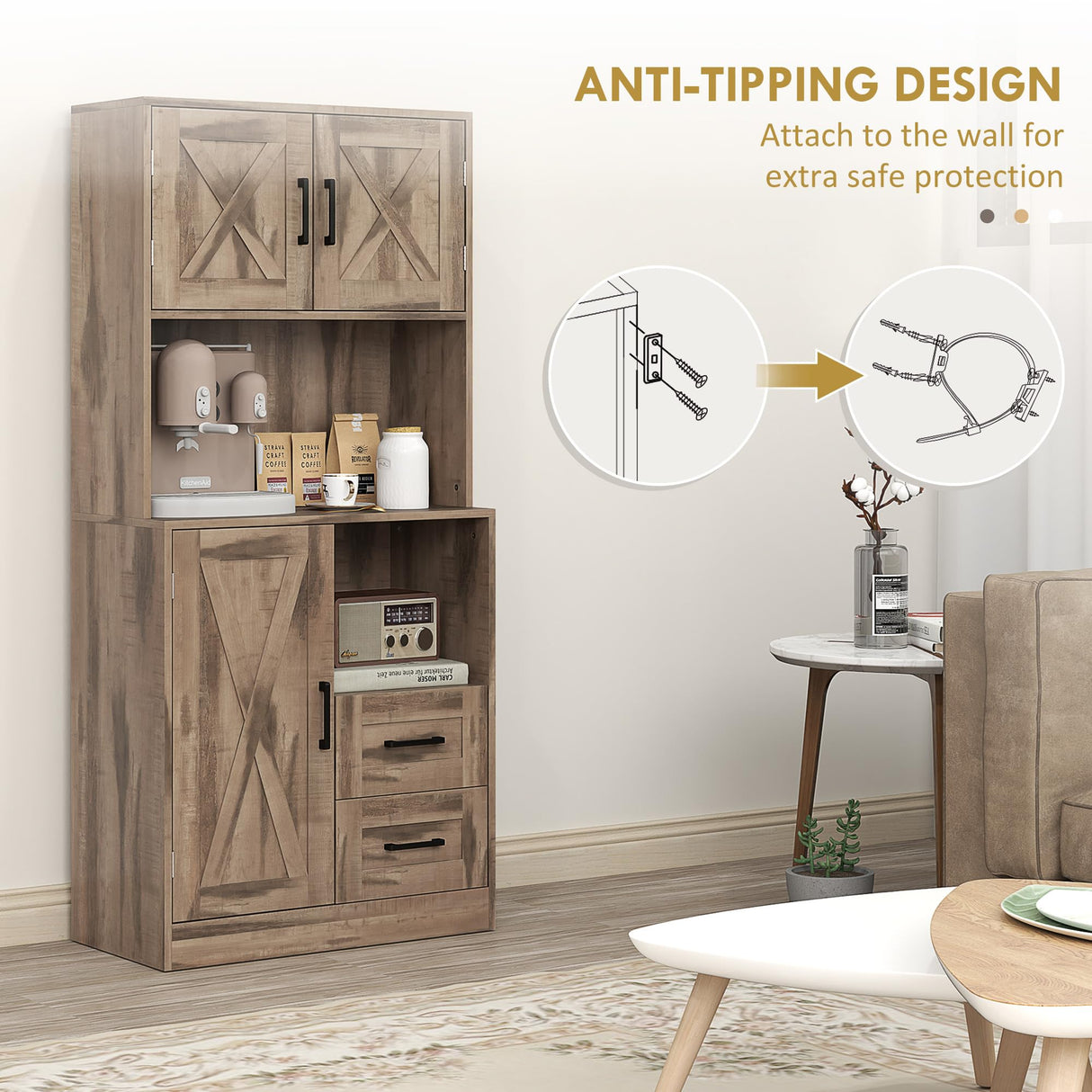 HOMCOM 60" Tall Kitchen Pantry Cabinet, Farmhouse Freestanding Hutch with Microwave Oven Countertop, Kitchen Storage Cabinet with Barn Doors & Drawers, Buffet with Adjustable Shelves, Gray Wash HOMCOM