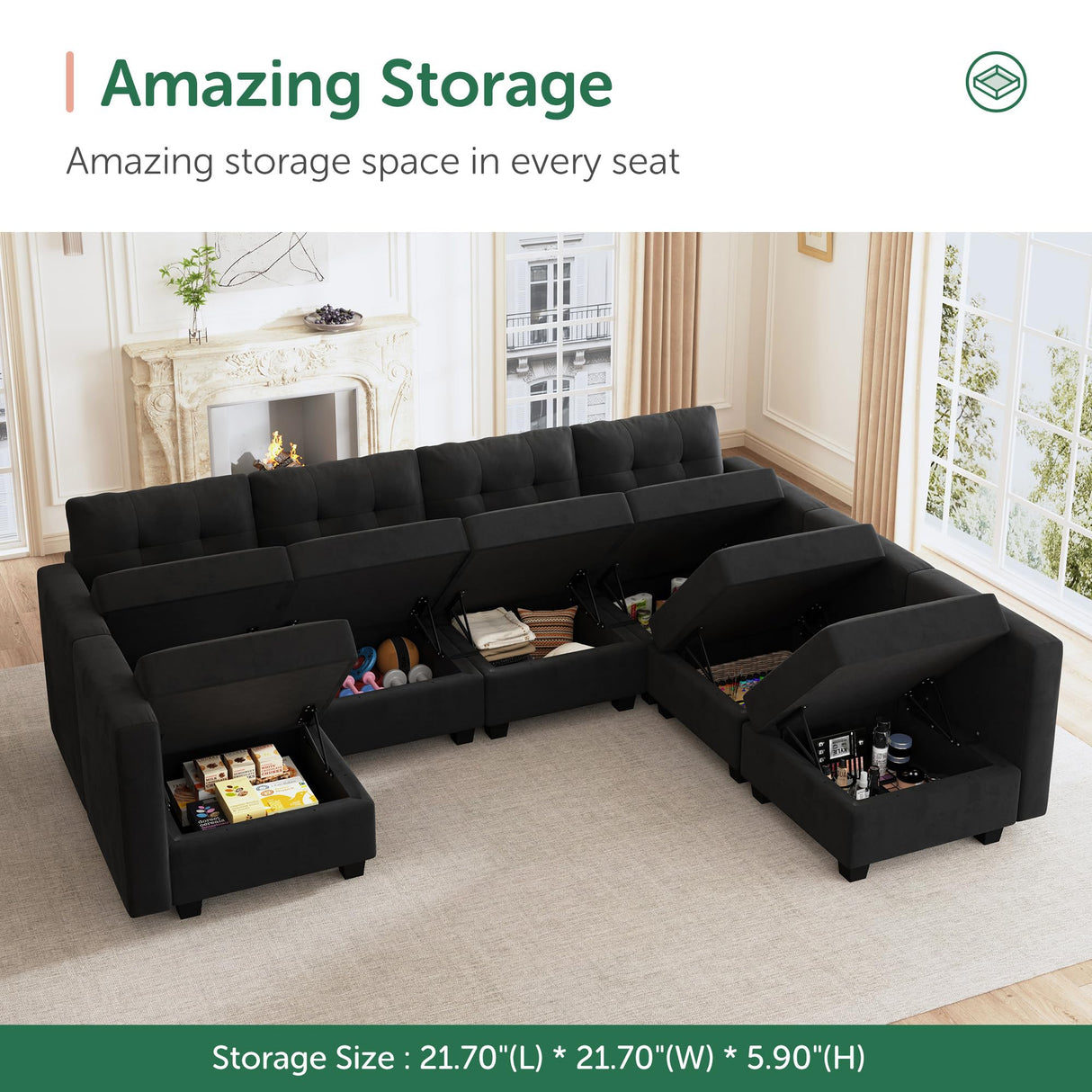 HONBAY Modular Sectional Sofa Oversized U Shaped Couch with Storage Seat Velvet 7-Seat Modular Sofa with Reversible Chaises,Velvet Black HONBAY