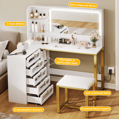 YITAHOME Vanity Desk Set- L Makeup Vanity with Mirror and Lights 3 Lighting Modes, 48" Large Dressing Table with 5 Tempered Glass Drawers with Open Storage Shelves Vanity Table, White Upgraded