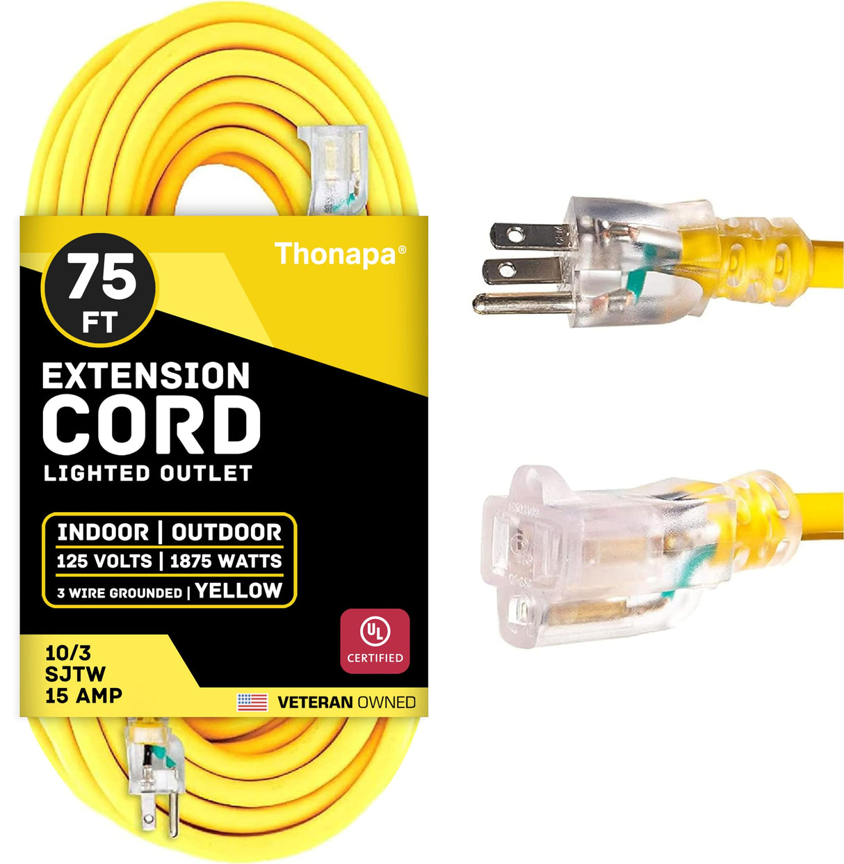 Thonapa 75 Ft 10 Gauge Extension Cord, Weatherproof Heavy Duty Outdoor Extension Cord 10 AWG 75’, SJTW 3 Prong Lighted Plug 10/3 Yellow Cable 15 Amp, Great for Major Appliances & Garden Tools Thonapa