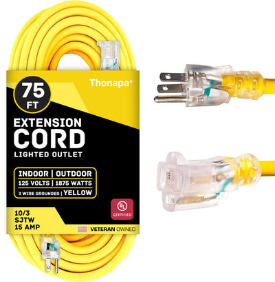 Thonapa 75 Ft 10 Gauge Extension Cord, Weatherproof Heavy Duty Outdoor Extension Cord 10 AWG 75’, SJTW 3 Prong Lighted Plug 10/3 Yellow Cable 15 Amp, Great for Major Appliances & Garden Tools