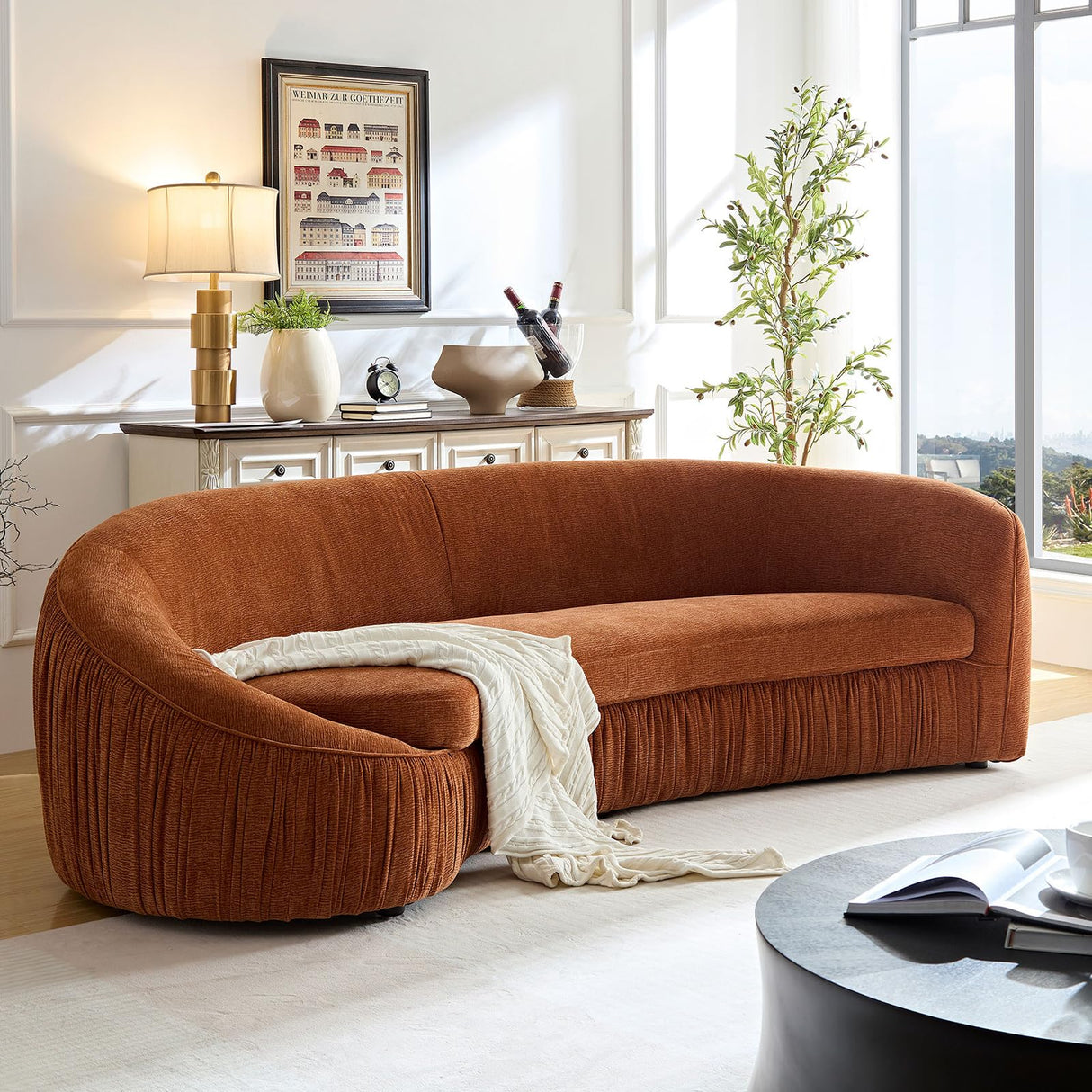 92'' Modern Elegant Curved Sofa, 4 Seater Irregular Curved Sofa Arms Chenille Fabric Deep Seat, Tight Curve Back Velvet Cloud Sofas for Living Room Apartment Office (Orange) mr.waiba