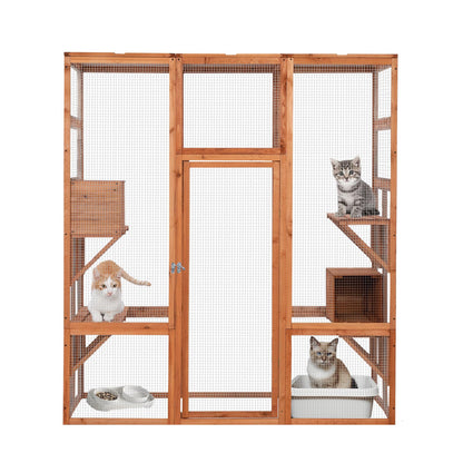 ISDAY Extra Large Outdoor Cat House Wooden Cat Cage Waterproof Roof Catio Outdoor Cat Enclosure - Cat Play & Run Enclosures Cat Playpen Window Cats Crate with 7 Platform and 2 Resting Box (Or - WoodArtSupply