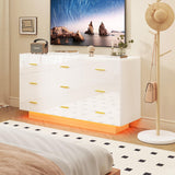 Walmokid 9 Drawer Dresser for Bedroom, 55'' W Highly Reflective Modern Chest of Drawers with LED Light, Wooden Dresser Organizer Cabinet for Living Room, Entryway (White) Walmokid