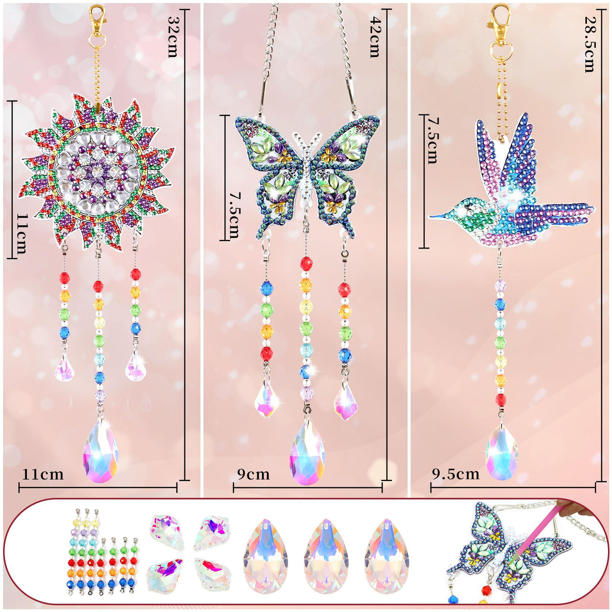 Funshot 3 Pcs DIY Diamond Painting, Small Hummingbird Suncatcher Diamond Art Kits for Adults, Butterfly Decor Diamond Art Kit, Hanging Ornaments Wind Chime Kit Funshot