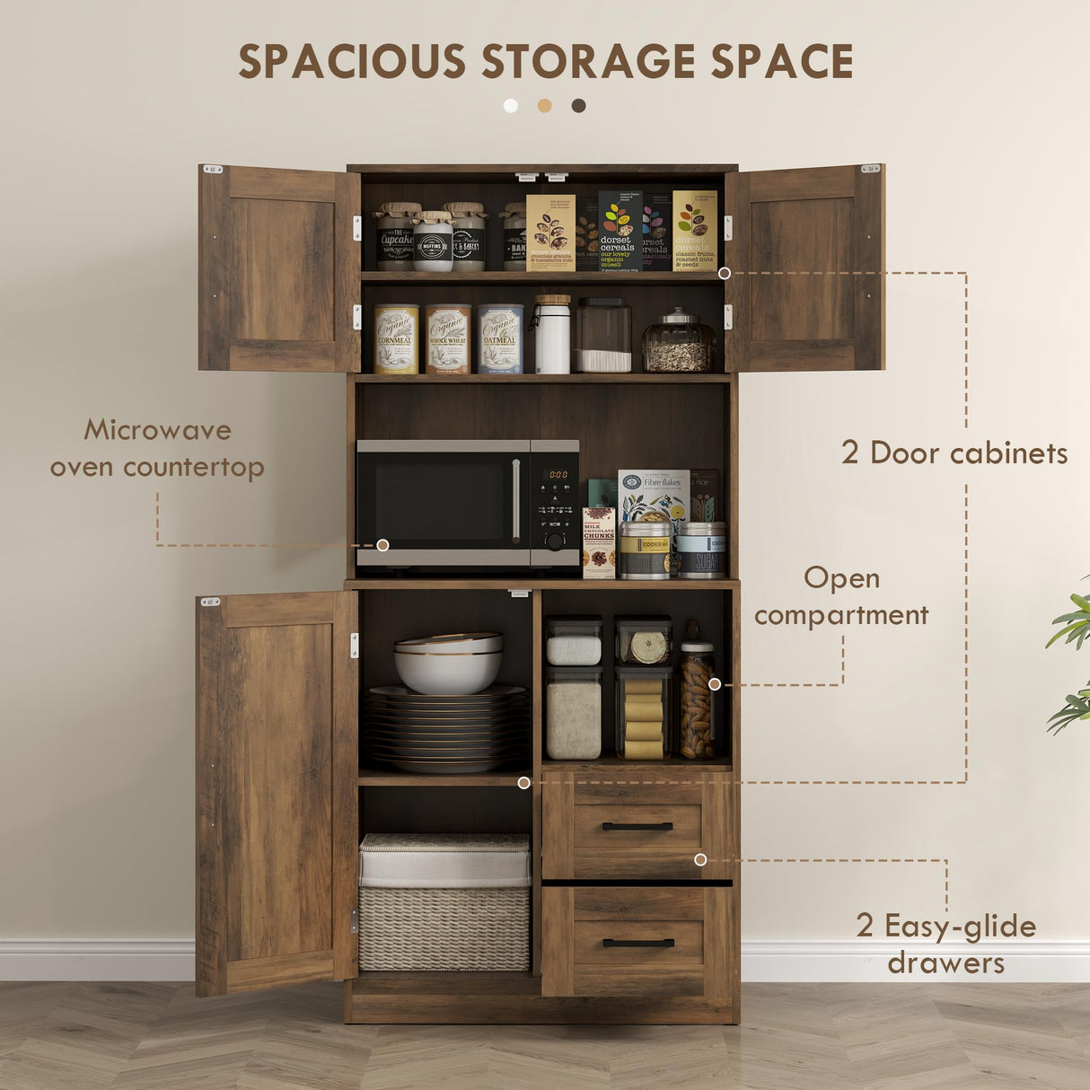 HOMCOM 71" Farmhouse Kitchen Pantry Storage Cabinet, Freestanding Tall Kitchen Hutch with Microwave Oven Countertop, Adjustable Shelves and Drawers, Brown HOMCOM