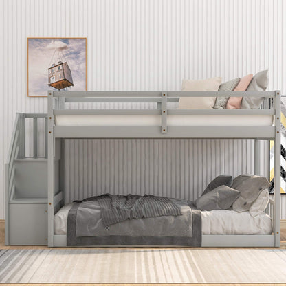 P PURLOVE Twin Over Twin Low Bunk Bed with Storage Stairs in Grey - WoodArtSupply