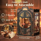 Fsolis Book Nook Kit, DIY Miniature Dollhouse Kit 3D Puzzles for Adults Bookshelf Decor Mini House Tiny Home Craft Gifts for Women Teenagers Book Lovers (Count Cat's Study) Fsolis