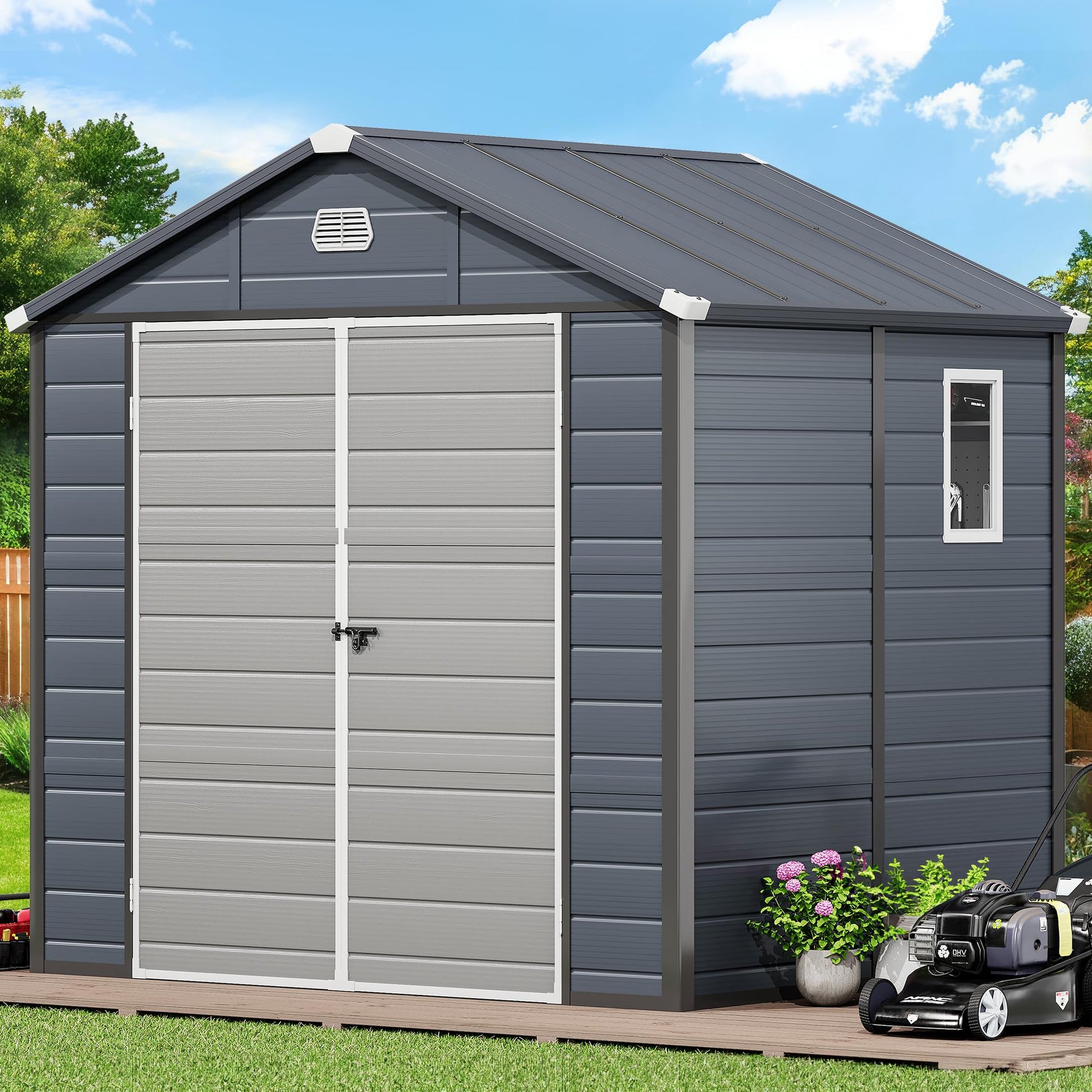 YITAHOME 8x6.2FT Outdoor Resin Storage Shed w/o Floor, All-Weather Plastic Shed with Lockable Doors, Window & Vents, Plastic Tool Shed for Backyard, Patio, Poolside, Lawn, Dark Gray - WoodArtSupply