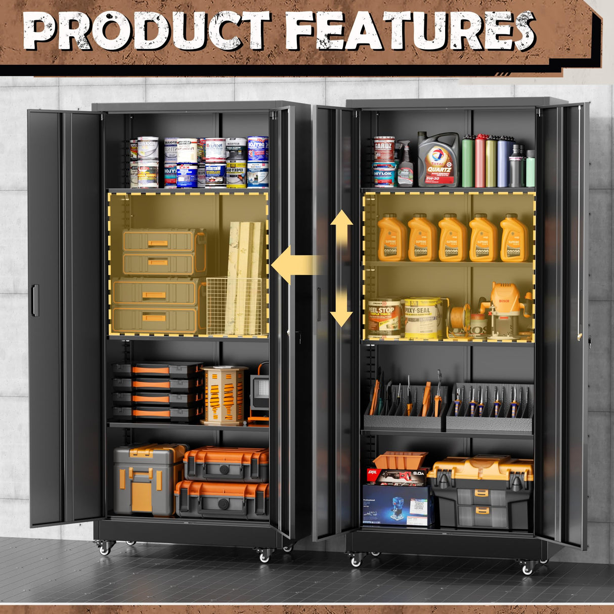 INTERGREAT Metal Garage Storage Cabinet with Wheels, Rolling Storage Cabinet with Locking Doors and 4 Adjustable Shelves,- 73" Steel Tool Cabinet for Home Office,Garage,Warehouse，Black INTERGREAT