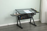 Olela Drafting Desk, Height Adjustable Drafting Table Versatile Art Craft Artists Paintings Storage Work Station with Tilting Temped Glasses Tabletop and Stool (Drawing Table - 1) Olela