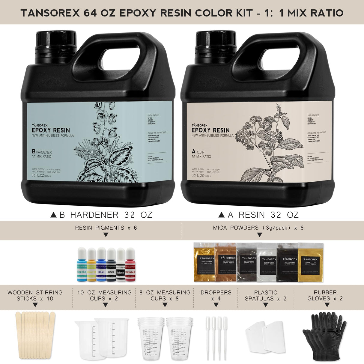 Epoxy Resin 64OZ Kit - Color Kit-Crystal Clear Art Resin and Hardener Kit for Beginners,No Yellowing,No Bubble,Fast Cure,Self Leveling to Easy Mix 1:1 for River Table Top,Art Crafts,Jewelry Making TANSOREX