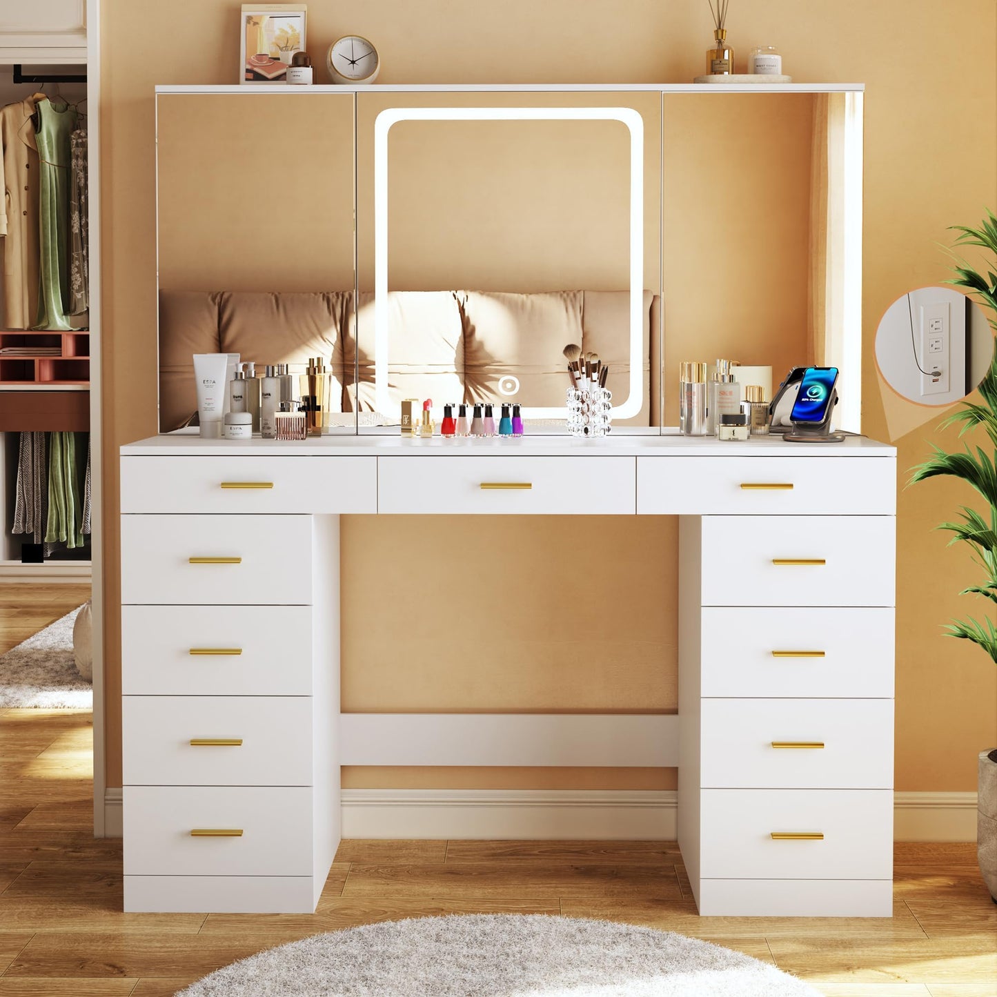 Vanity Desk with Mirror and Lights, 47.2" Makeup Vanity with 11 Storage Drawers and Hidden Storage Shelves, White Vanity with Charging Stations & 3 LED Lighting Modes Adjustable, for Bedroom