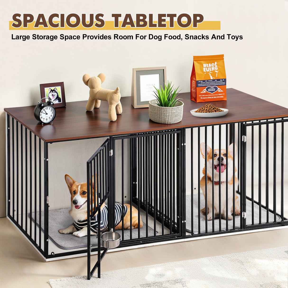 FKLUG Dog Crate Furniture for 2 Dogs, Corner Heavy Duty Double Dog Kennel Furniture with Divider, Indoor Wooden Dogs Crate Large Breed (Black) FKLUG