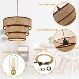 XININSUN Rattan Plug in Pendant Light Boho Wicker Lampshade Hanging Lights with Plug in Cord Plug in Chandelier for Bedroom Kitchen Dining Room Island XININSUN