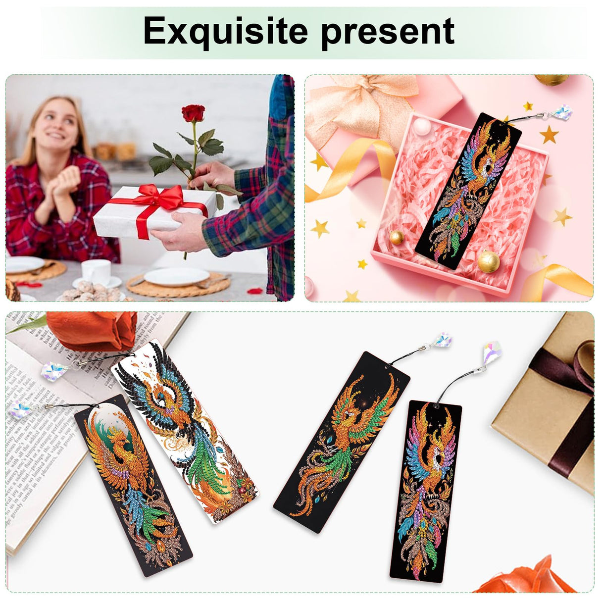 4 Pack Diamond Painting Bookmark Kits of Phoenix, Special Shaped Diamond Art Bookmarks with Pendant, DIY Handmade Crafts Home Office Supplies Reading Bookmark, Perfect Gift for Book Lovers Focart