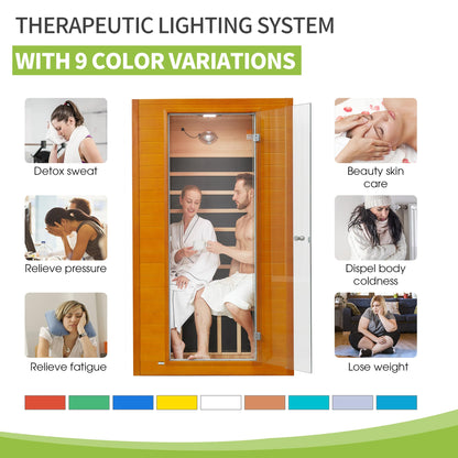 Real Relax 1-2 Persons Near Zero EMF Canadian Hemlock Wood Sauna with 1600W, 9 Chromo Therapy Lights, Oxygen Lonizer, Bluetooth, LCD Control Pannel for Home Spa Days