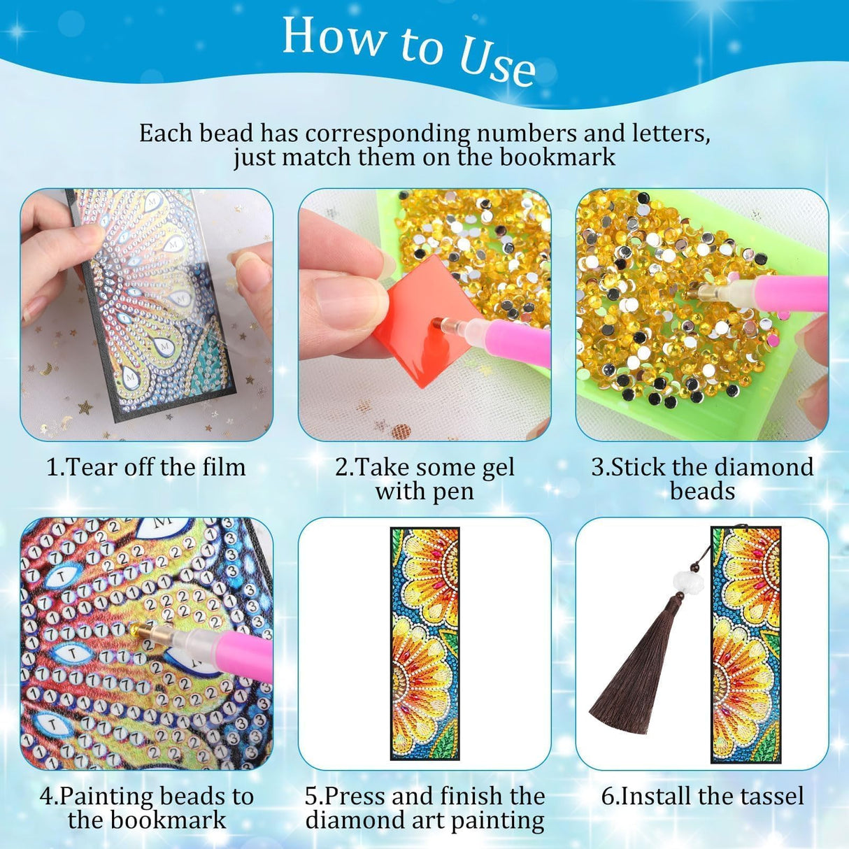 EEEKit 6 PCS Diamond Painting Bookmarks, DIY Art Bookmark Kit for Adults, Floral Tassel Leather Page Bookmark for Book Lovers, Christmas Gifts EEEKit