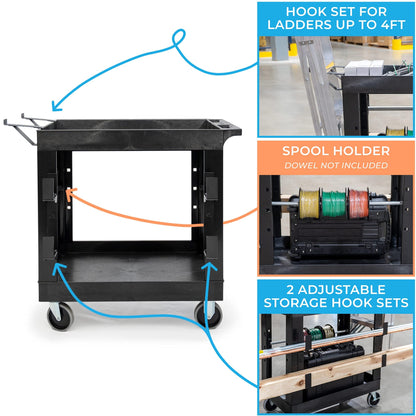 Stand Steady Tubstr 2 Shelf Utility Cart | Heavy Duty Service Cart Holds 400 lbs. | Adjustable Storage Hooks, Ladder & Spool Holders | Tub Cart for - WoodArtSupply