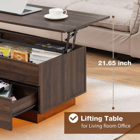 HOMMPA Lift Top Coffee Table with LED Light Morden Coffee Table with Storage High Gloss Walnut Coffee Table for Living Room Tea Table with Storage Center Tables Hidden Compartment & 2 Drawers HOMMPA