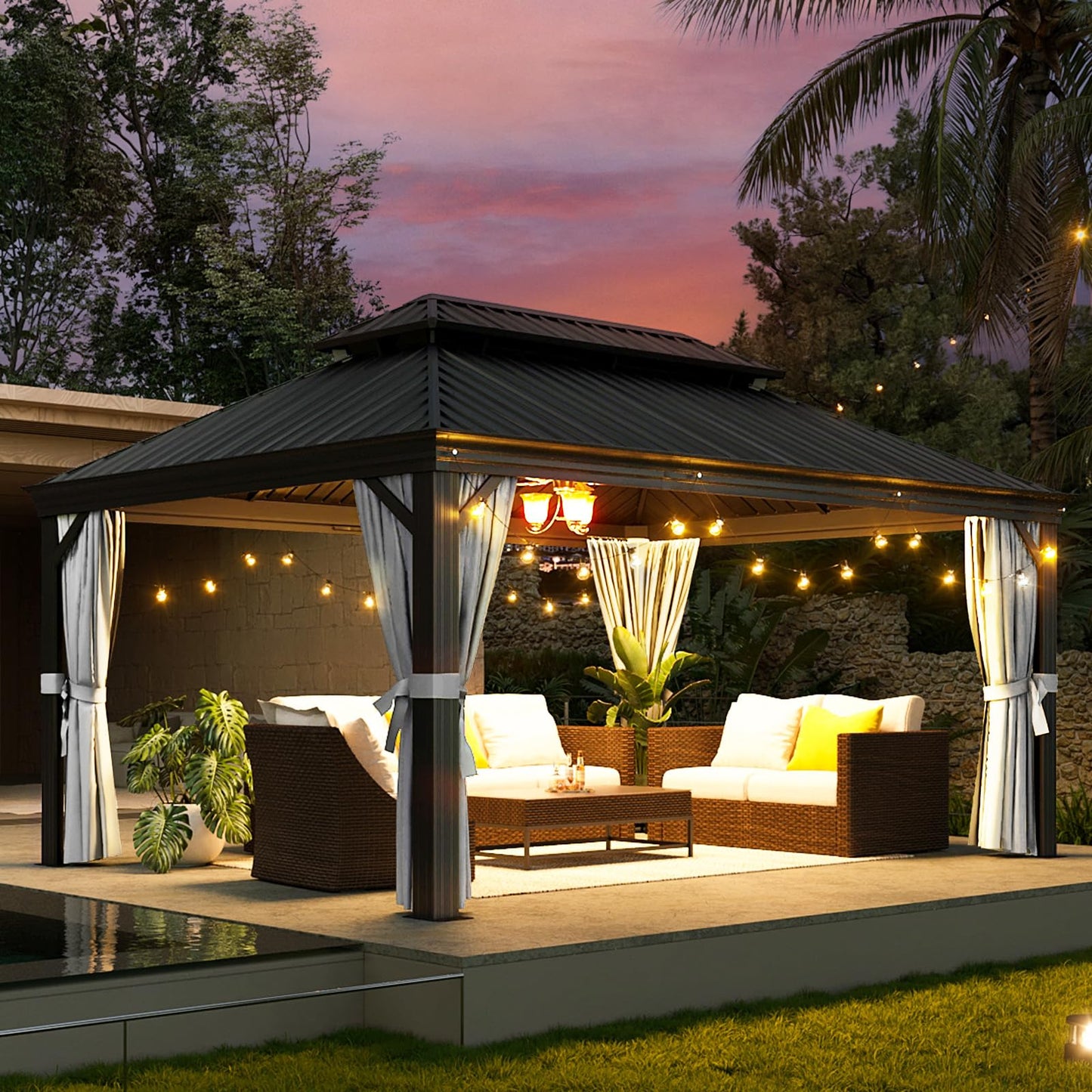 Aoxun 12' X 16' Permanent Hardtop Gazebo Aluminum Gazebo with Galvanized Steel Double Roof for Patio Lawn and Garden, Curtains and Netting Included, Grey