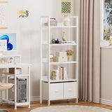 Furologee 5 Tier Bookshelf with Drawers, White Tall Bookcase with Shelves, Wood and Metal Book Shelf Storage Organizer, Modern Display Free Standing Shelf Unit for Bedroom, Living Room, Office Furologee