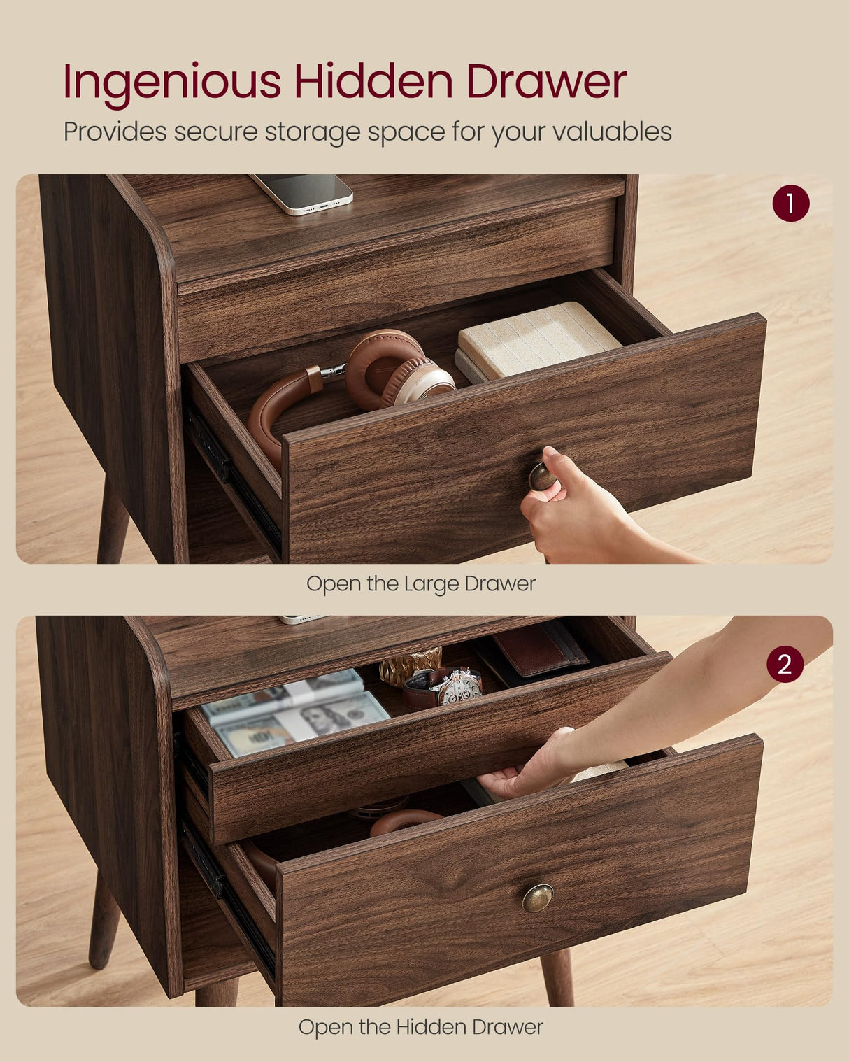 VASAGLE Nightstands, Set of 2, Bedside Tables with Hidden Drawers, Mid-Century End Tables with Solid Wood Legs, Side Tables for Bedroom, Natural Walnut ULET624K01 VASAGLE