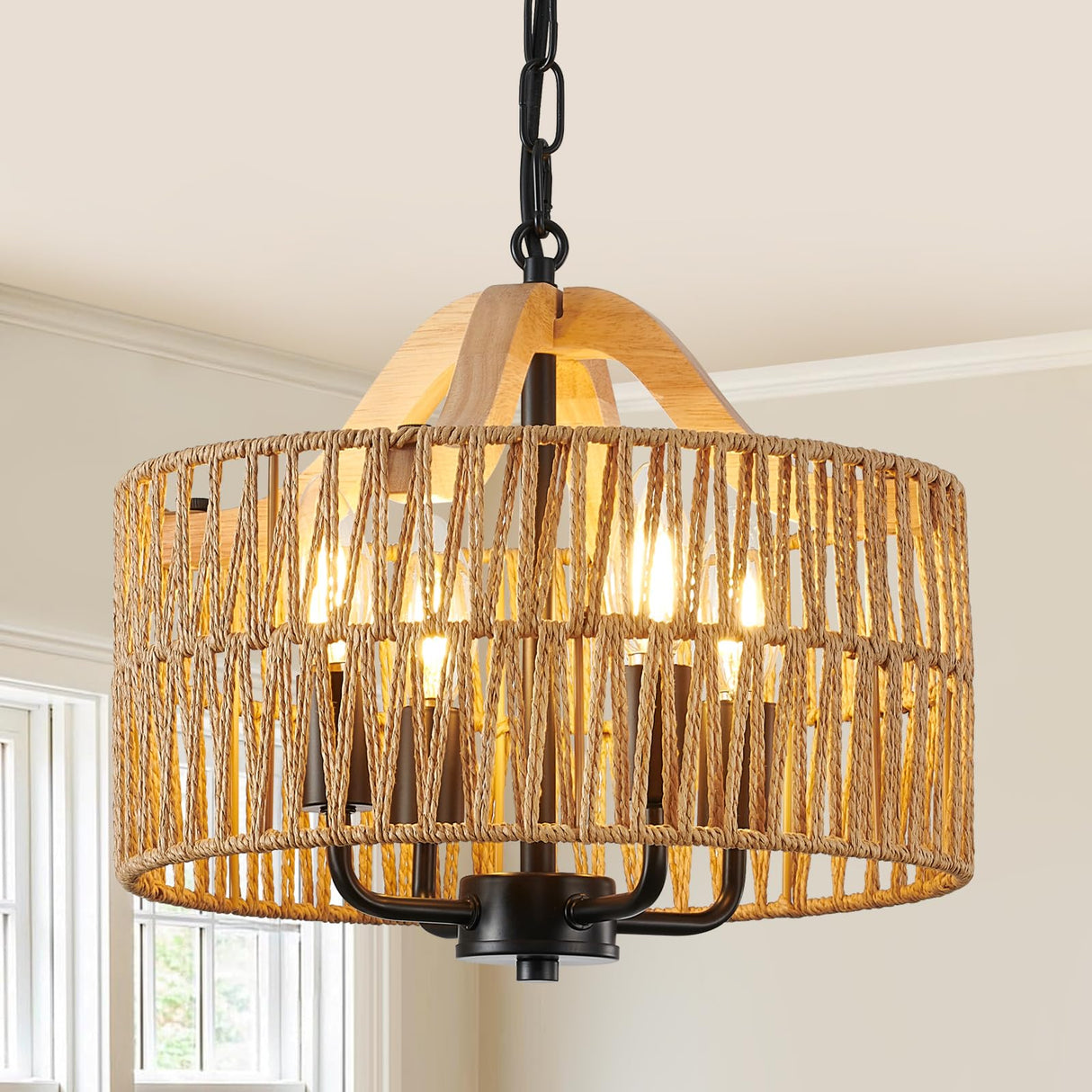 ZSDHXi Rattan Pendant Light Fixtures, 4-Light Boho Chandelier with Woven Drum Shade, Farmhouse Dining Room Ceiling Hanging Lamp, Small Wicker Coastal Pendant Lighting for Kitchen Island Hallway ZSDHXi
