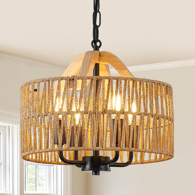 ZSDHXi Rattan Pendant Light Fixtures, 4-Light Boho Chandelier with Woven Drum Shade, Farmhouse Dining Room Ceiling Hanging Lamp, Small Wicker Coastal Pendant Lighting for Kitchen Island Hallway