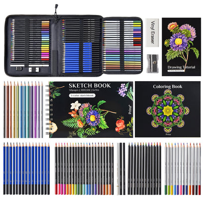 PRINA 81 Drawing Set Sketching Kit, Pro Sketch Stuff Art Supplies with Rainbow, Colored, Graphite, Watercolor, Metallic, Charcoal Pencils, Sketchbook, Coloring Book, Gift Case for Artists Adults Kids