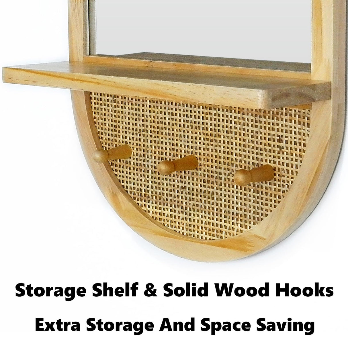 YXDXF Entryway Mirror with Hooks, 30x18 Inch Boho Wall Mirror with Removable Shelf, Oval Solid Wood Framed, Handmade Rattan Wall Mirror for Over Sink, Bathroom, Bedroom, Living Room, Hallway, Vanity YXDXF