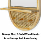 YXDXF Entryway Mirror with Hooks, 30x18 Inch Boho Wall Mirror with Removable Shelf, Oval Solid Wood Framed, Handmade Rattan Wall Mirror for Over Sink, Bathroom, Bedroom, Living Room, Hallway, Vanity YXDXF