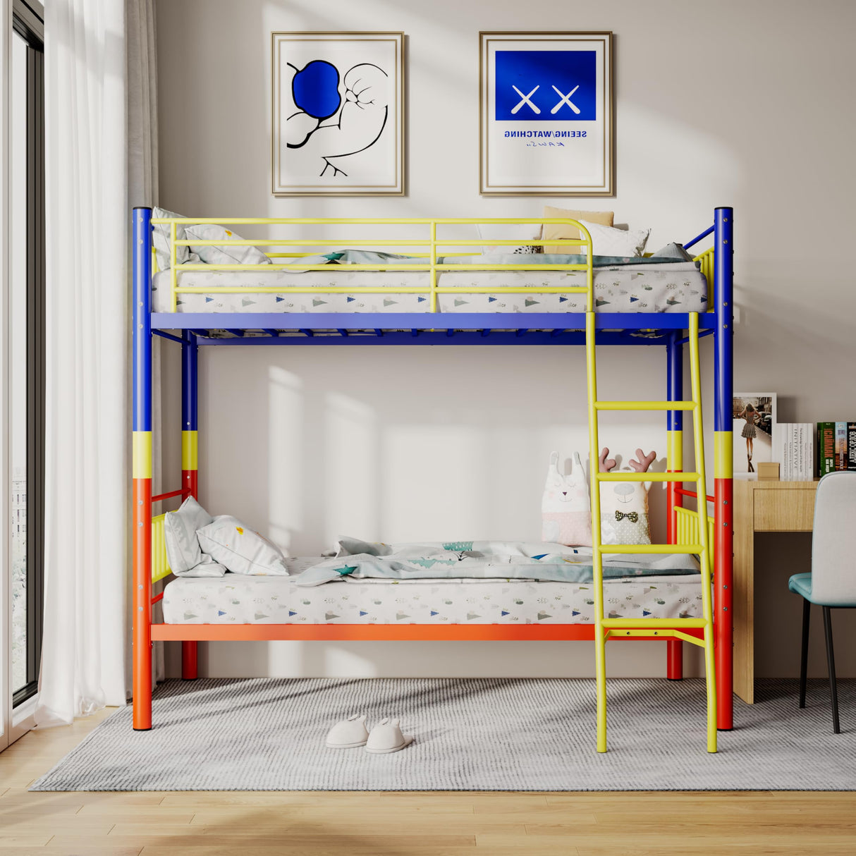 PAOFIN Metal Bunk Bed Twin Over Twin, Industrial Bunkbeds with Ladder and Full-Length Guardrail, Space-Saving Bed Frame Noise Free, No Boxing Spring Needed, Colorful PAOFIN