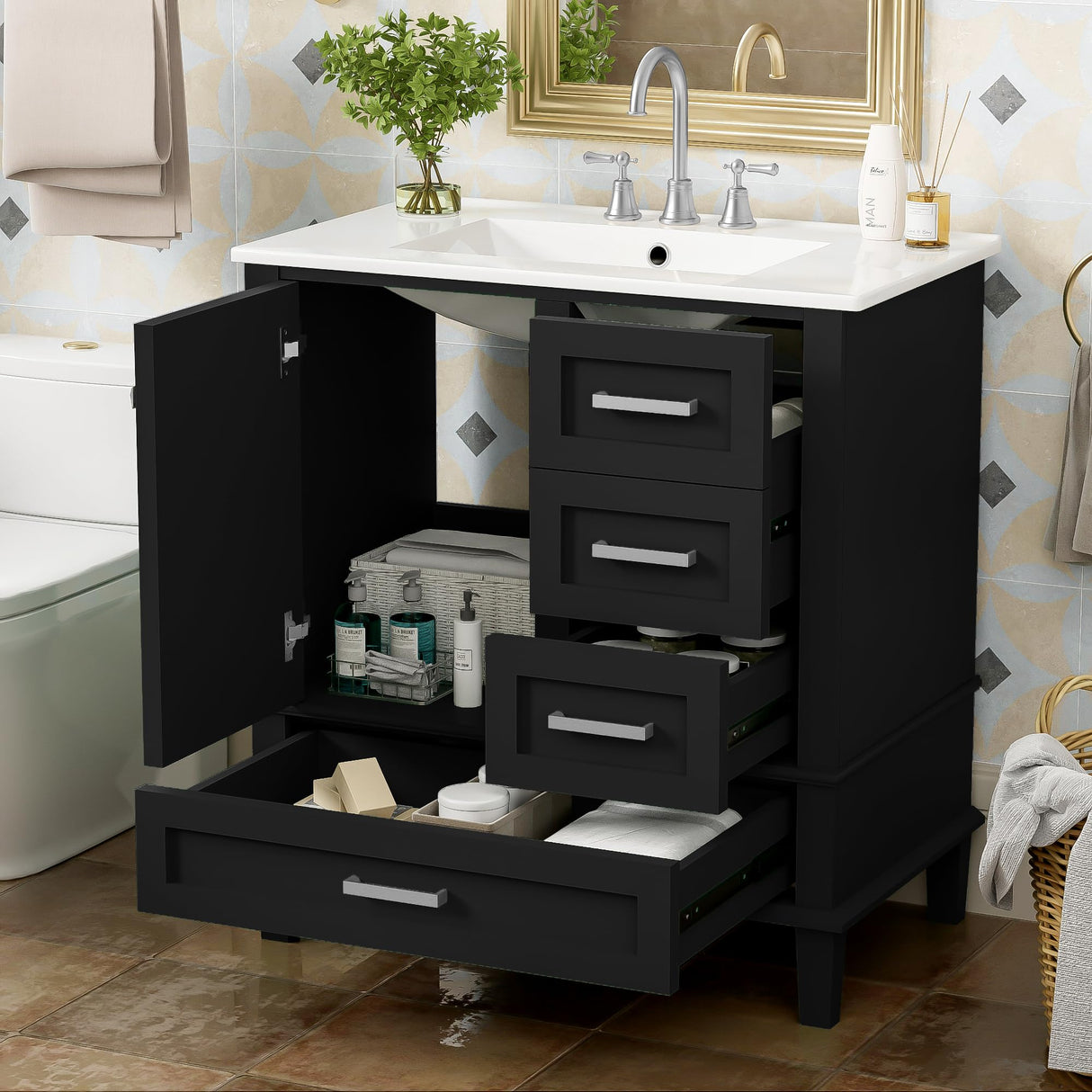 30" Bathroom Vanity with Sink, 30 Inch Bathroom Vanity with Top, 3 Drawers and 1 Soft Closing Door, Modern Bathroom Vanity with Sink 30 Inch for Bathroom (Black) Mirightone