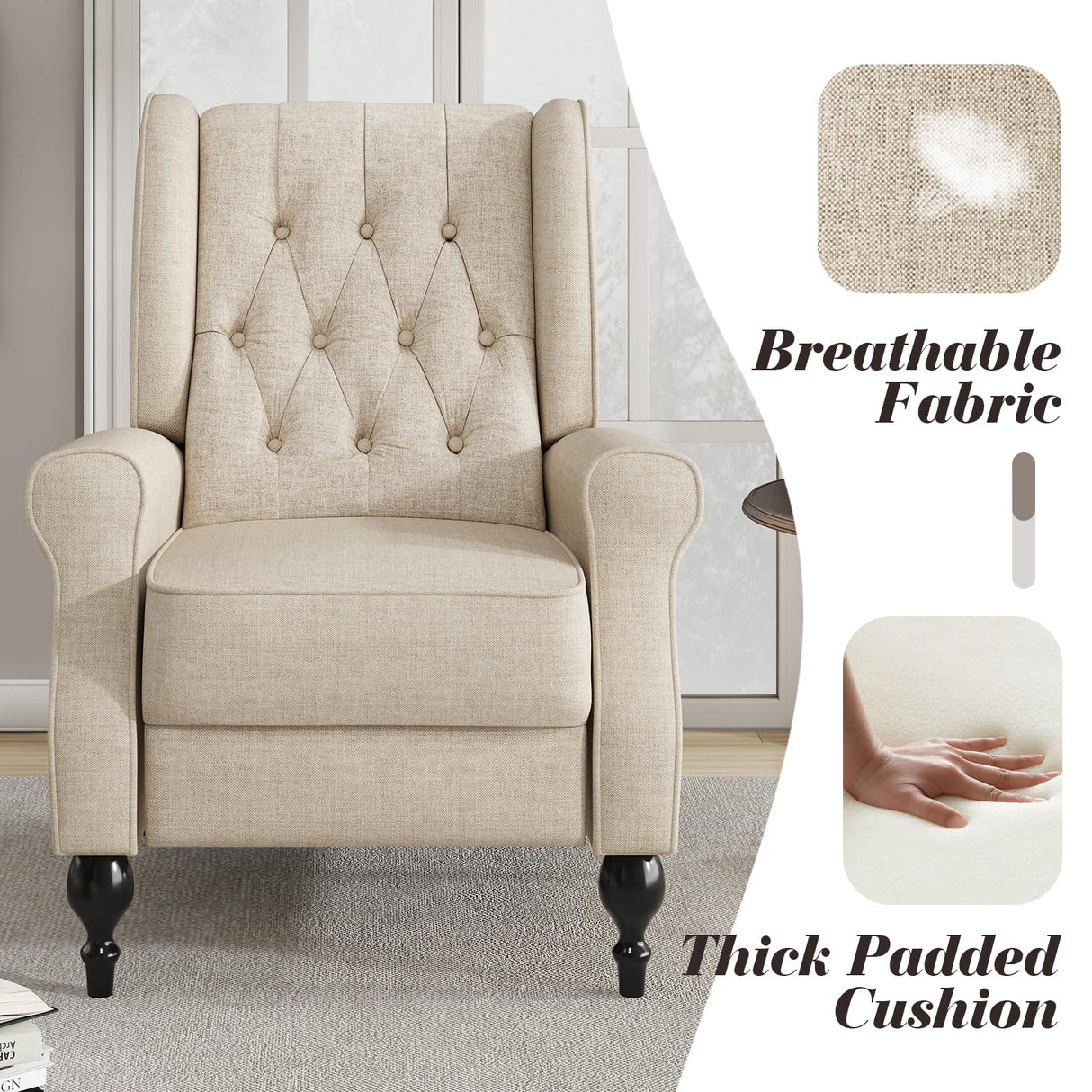 Jocisland Recliner Chair, Accent Wingback Chairs for Adults Living Room Bedroom, Small Tufted Push Back Club Single Sofa Armchair (Beige) Jocisland