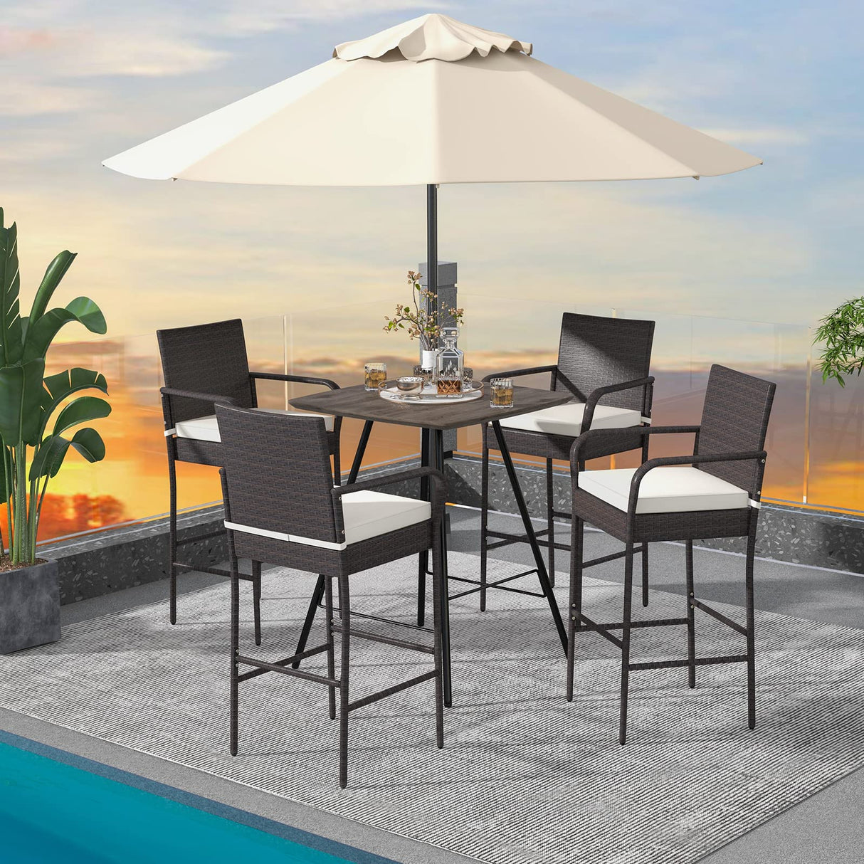 Tangkula Patio Wicker Barstools Set of 4, Outdoor PE Rattan Bar Chairs with Armrests & Soft Cushions, Stable Metal Frame, 400 lbs Max Load, Mix Brown PE Wicker Bar Chairs for Porch (2, Off White) Tangkula