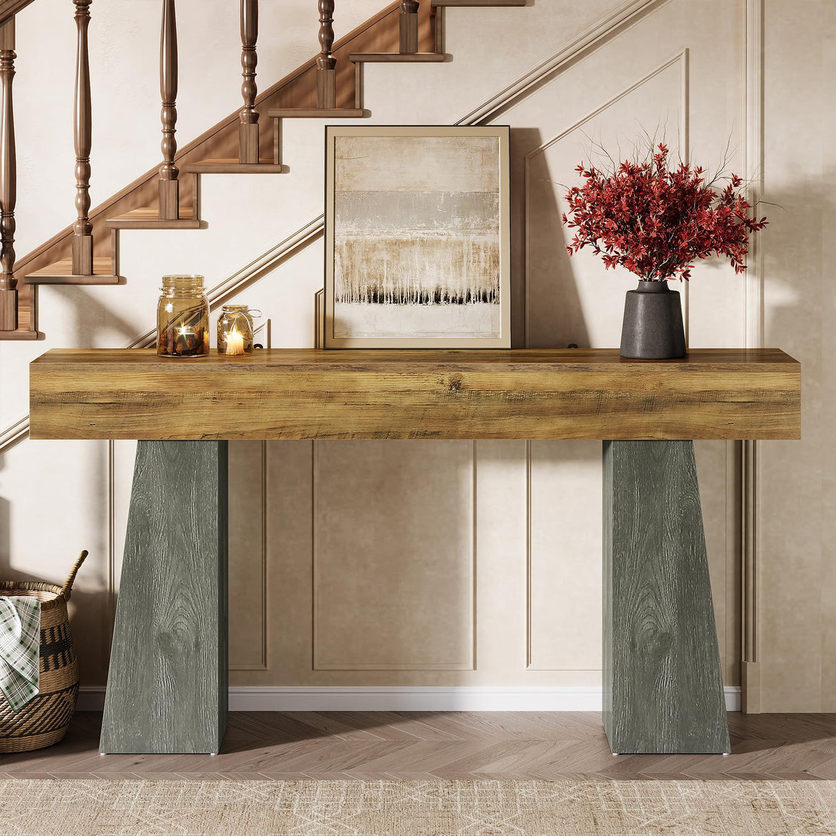Tribesigns Farmhouse Entryway Table, 63-Inch Long Wooden Sofa Console Table, Rustic Console Behind Couch with Double Trapezoid Bases for Entrance Living Room Hallway Tribesigns