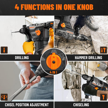 DOVAMAN RH15A 1-9/16'' SDS-Plus Rotary Hammer Drill, 4 in 1 Functions, Multi-material Use, Safety Clutch, 6 Speeds, SDS-Plus Adaptor, 4350BPM/900RPM, Vibration Control, Demolition Hammer for Concrete DOVAMAN