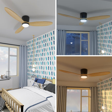 OUATER Flush Mount Ceiling Fan with Light, 52 inch Low Profile Ceiling Fans with Remote for Outdoor/Patios, 3 Color Light, 6 Speed, DC Motor, Wood and Modern Matte Black OUATER