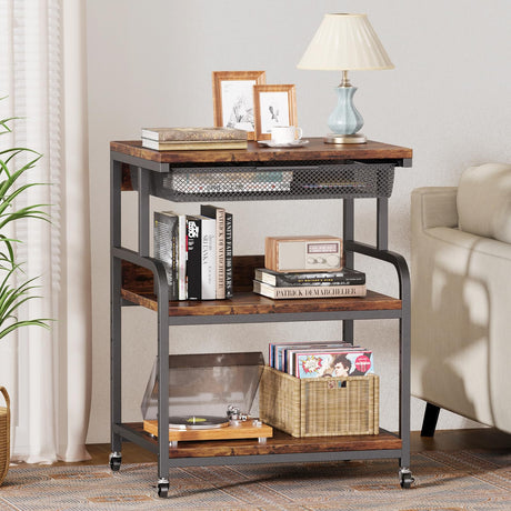 EasyCom 23.6''x18.9'' Extra Large Printer Stand with Drawer, 5-Adjustable Heights 3 Tier Printer Table with Wheels, Rolling Printer Cart with Storage for Printer Scanner Fax Home Office Use EasyCom