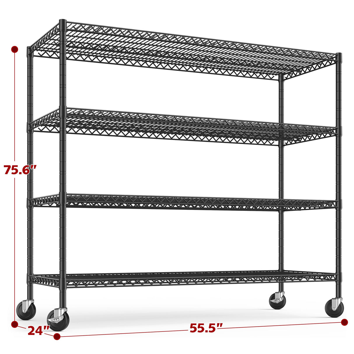 REIBII 55.5''W Storage Shelves 2500LBS Wire Shelving Unit with Wheels Heavy Duty Metal Shelves for Storage Adjustable Garage Storage Rack Pantry Shelf Kitchen Shelving, 75.6" H X 55.5''W X 24" D, 4PCS REIBII