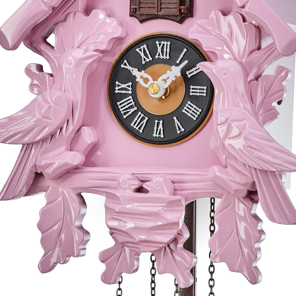 TIMEGEAR Cuckoo Clock with Night Mode, Singing Bird, Wooden Decorations and Swinging Pendulum (Pink) TIMEGEAR