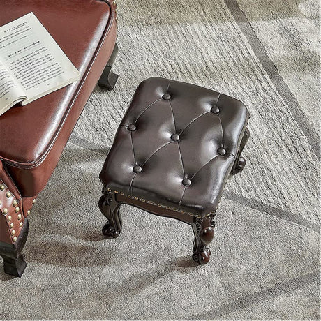 HOOTSMALL Footstool and Ottomans Small Foot Stool with Fiber Leather Wooden Foot Rest Upholstered Footrest for Living Room Bedroom (Dark-Brown) HOOTSMALL