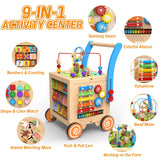 WOODMAM 9-in-1 Wooden Activity Cube | Wooden Baby Walker, Sit-to-Stand Learning Walker Activity Center, Early Educational Push & Pull Toys for Baby Toddler Boys Girls, Height & Brake Adjustable WOODMAM